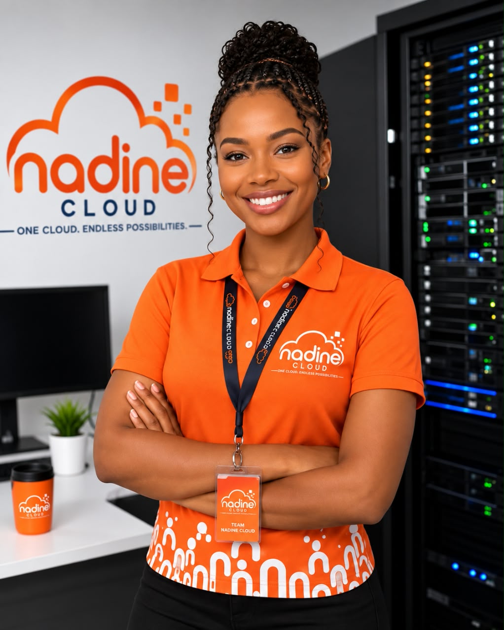 A member of the Nadine Cloud support team standing in front of the company's servers